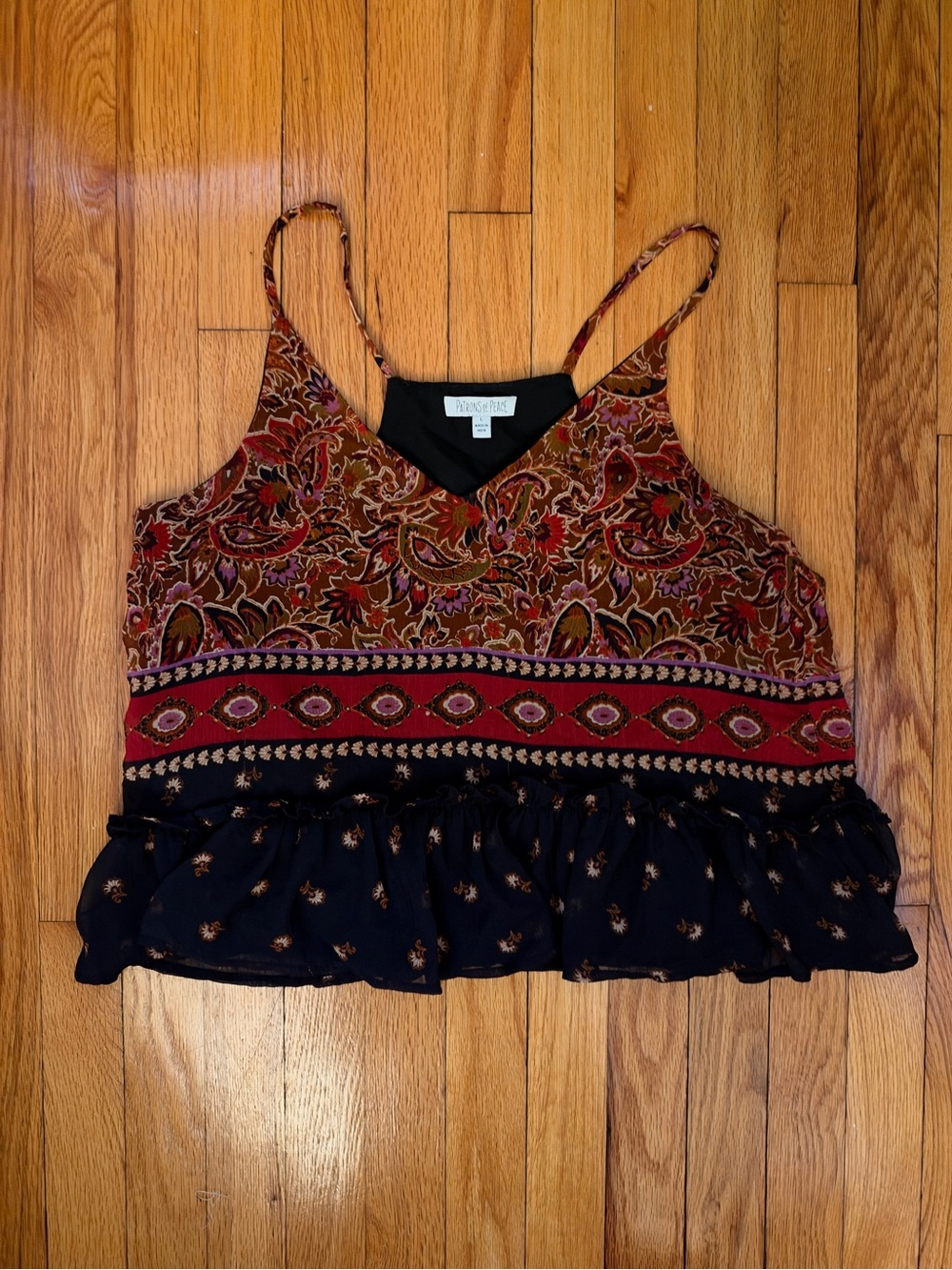 Patrons of Peace Boho Paisley Tiered Peplum Cami Tank Top Large